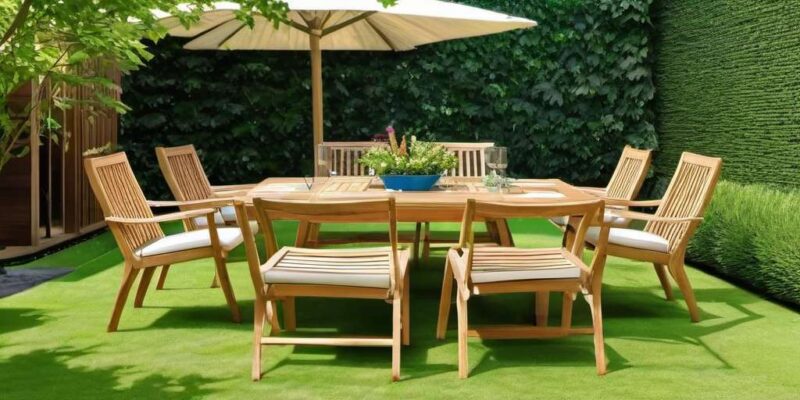 Mesa de madera en un jardín